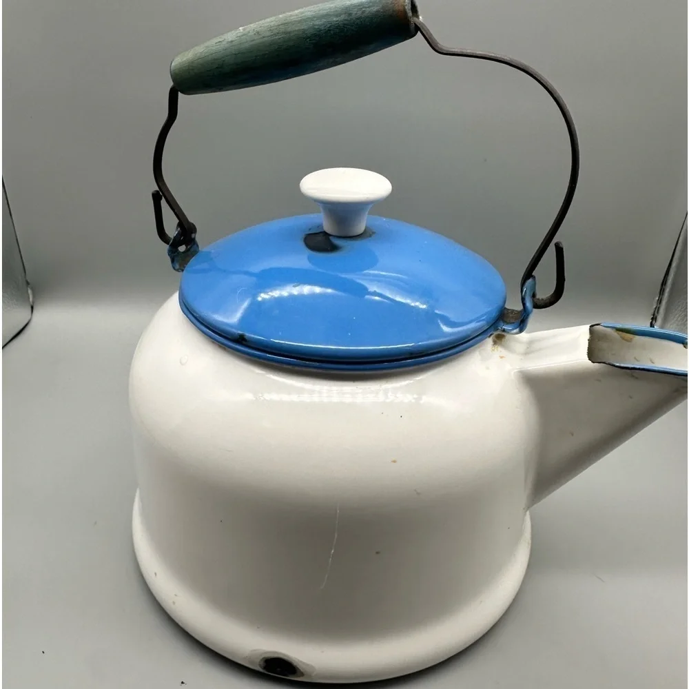 Vintage stainless steel blue & white teapot